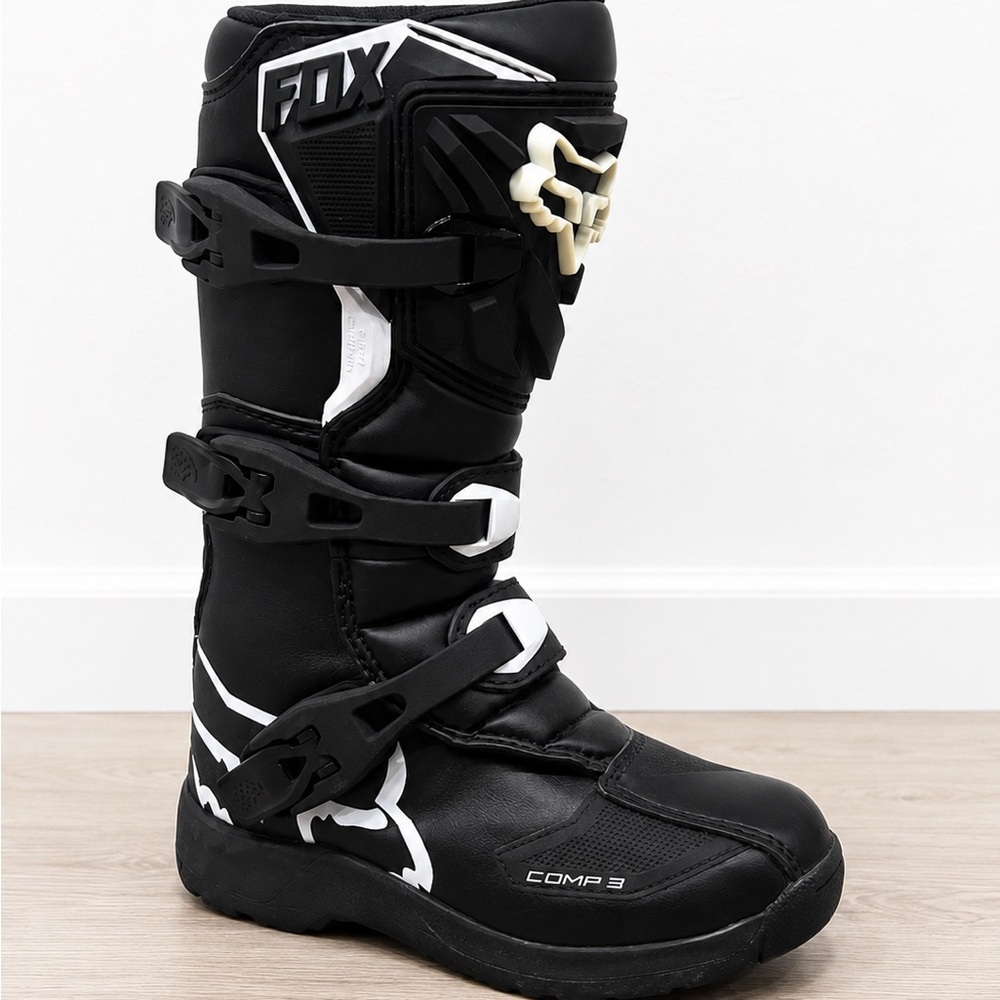 Fox Kids Black and White Motocross Boots with Cream Buckle Accent. Size Y1